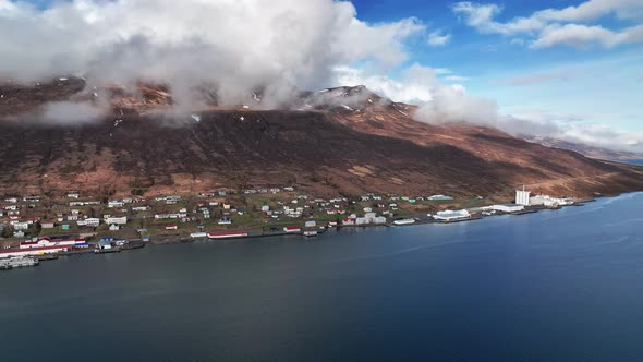 Scenic Faskrudsfjordur Town In East Iceland - aerial forward