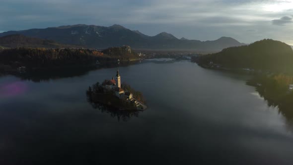 Aerial view of the church on Bled island