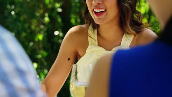 Happy woman interacting with couple while having lunch