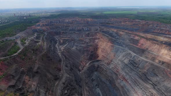 Massive Deep Quarry View From High Above Aerial Shot Film Grain