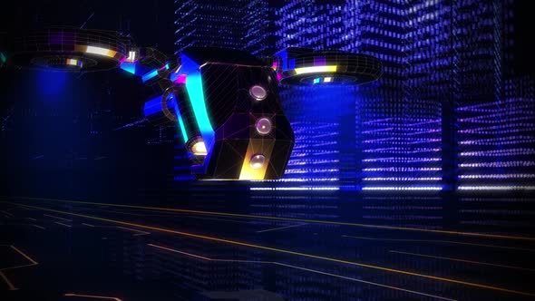 Drone. Inside a Machine System. Virtual Reality. Blue City. Digital Buildings alt