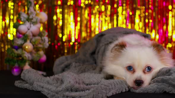 Fluffy White Dog Lying in Warm Blanket on Background of Shimmering Tinsel