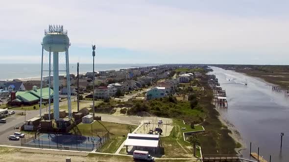 Beach town flyover on a bright summer day