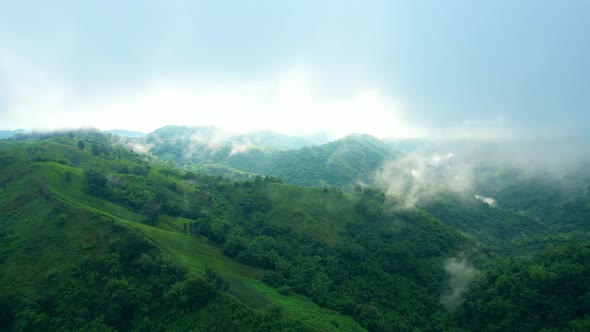 4K Aerial Drone shot flying over beautiful mountain ridge in rural jungle bush forest.