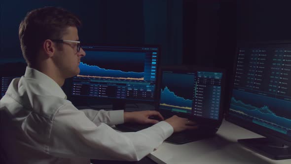 Trader working in office at night using workstation and analysis technology.