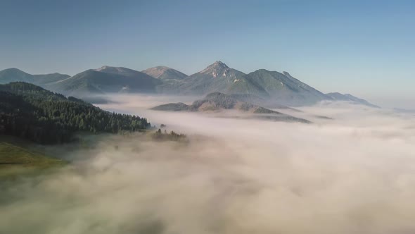 Fly over Foggy Mountains in Sunny Morning