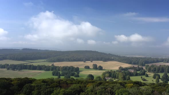 Beautiful aerial shot panning across English countryside in Buckinghamshire