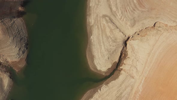 Aerial view of Shasta Lake straight down in Northern California low water levels during drought