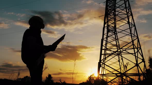 Silhouette of Engineer Standing on Field with Electricity Towers. Electrical Engineer with High