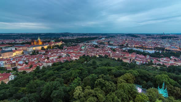 Wonderful Day to Night Timelapse View To The City Of Prague From Petrin Observation Tower In Czech
