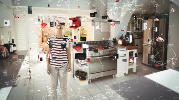 Woman using virtual reality headset with digitally generated icons 4k