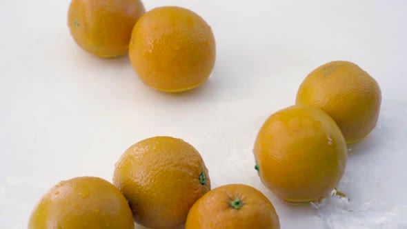 SLOMO of Oranges in Water on White Backdrop