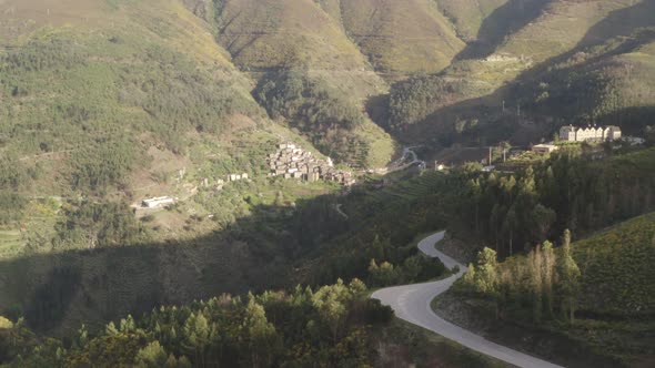 Aerial drone view of Piodao schist shale village in Serra da Estrela, Portugal