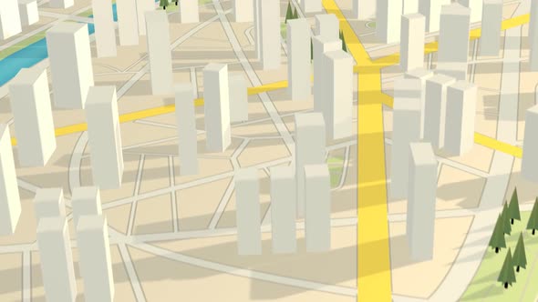 White, abstract gps city map with the 3d representation of skyscrapers and trees
