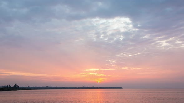 Orange Sunrise Over The Bank Of The Big River In Summer, Time Lapse