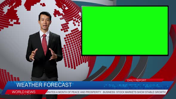 Live News Studio With Male Anchor Reporting On The Weather Forecast, Video Story Show Green Screen