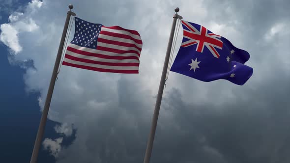 Waving Flags Of The United States And The  Australia 4K