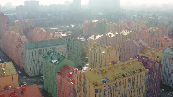 Top view of the colorful modern buildings, aerial footage from the drone