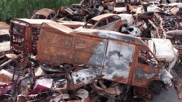 War in Ukraine a Dump of Shot and Burned Cars in Irpin Bucha District