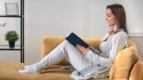 Relaxed Domestic Female Reading Interesting Literature Lying on Sofa