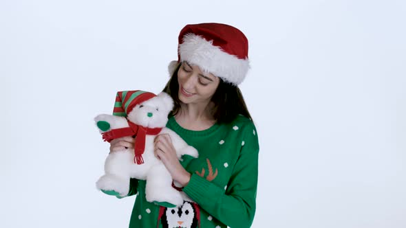 Young woman with Christmas Bear (White Screen)