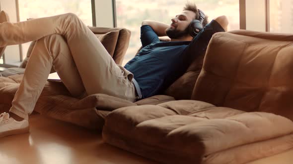 Calm Businessman Cozy Daydreaming In Office. Peaceful Boss Feeling No Stress Lounging Dreaming.