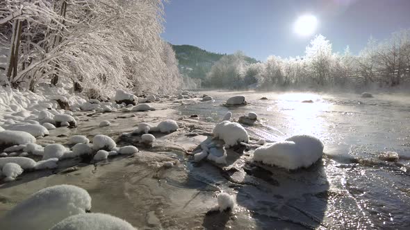 Winter Mountain River on Sunny Morning