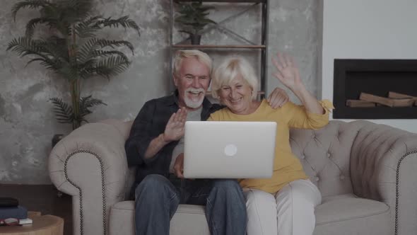 Happy Retired Old Family Couple Waving Hands Looking at Computer Screen Doing Distance Video Chat