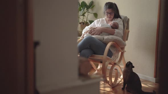 Mother breastfeeding unrecognizable newborn baby in rocking chair