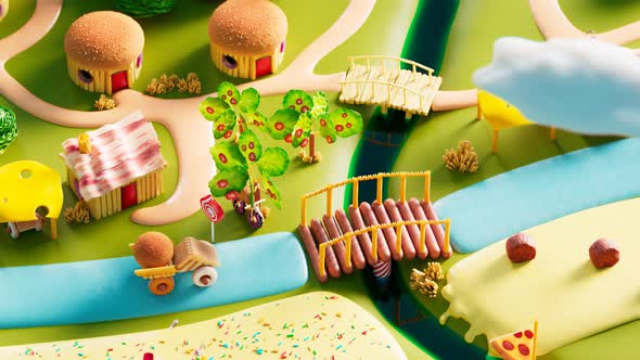 Fairyland made of fast food and sweets. Aerial view of the world of tasty snacks