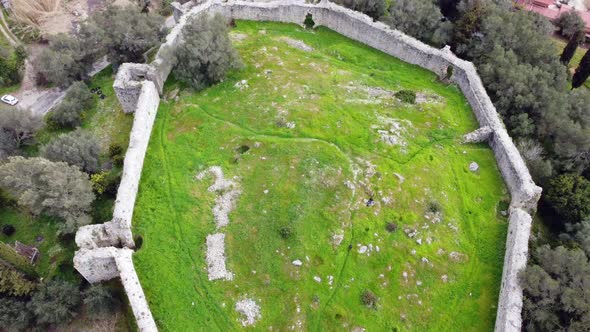 Stunning aerial view flight bird's eye view drone footage of castle ruins of a byzantine fortress o