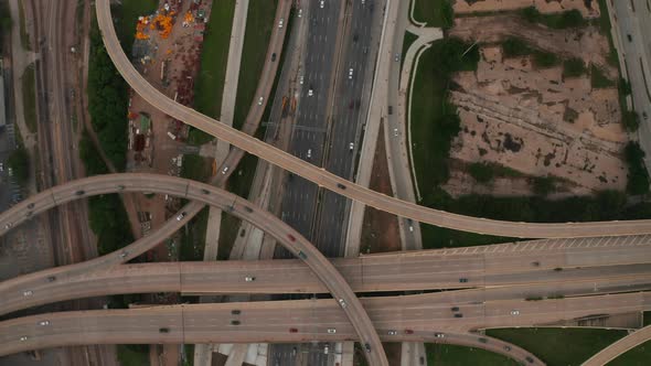 Aerial Birds Eye Overhead Top Down Panning View of Large and Complex Multilane Highway Intersection
