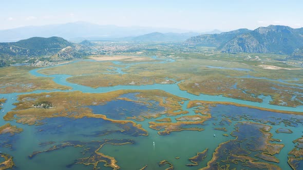 Aerial Top View of Dalyan, Turkey. The River That Flows Into the Aegean and the Mediterranean