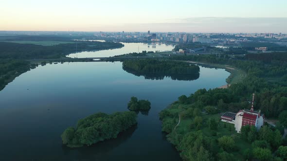 Top View of the Drozdov Reservoir and the Ring Road in Minsk at Dawn