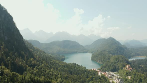 Panoramic View of Alpsee Lake in Alps Mountains Near Hohenschwangau Castle Bavaria Germany