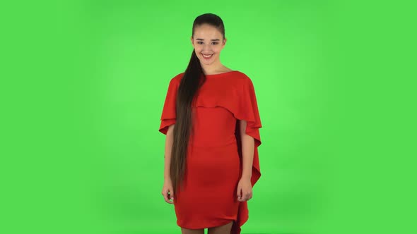 Pretty Young Woman Is Smiling Broadly and Winking. Green Screen