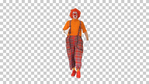 Happy clown walking in a funny way, Alpha Channel