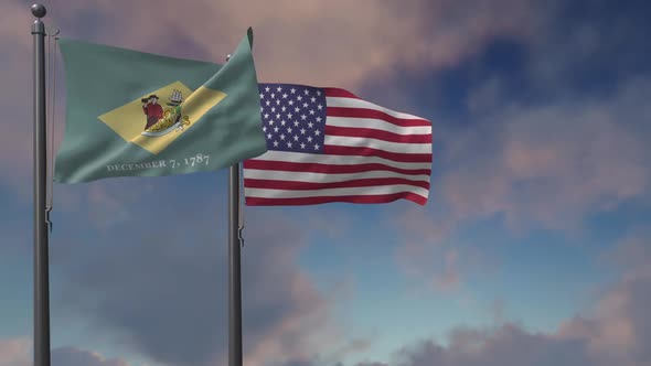 Delaware State Flag Waving Along With The National Flag Of The USA  - 2K