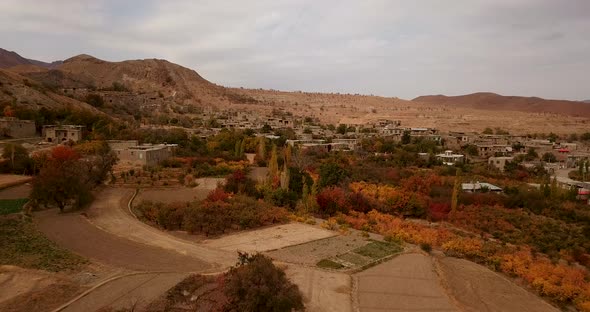 A mountain village with saffron farm fields in autumn leaves colorful trees forest and stair shape v