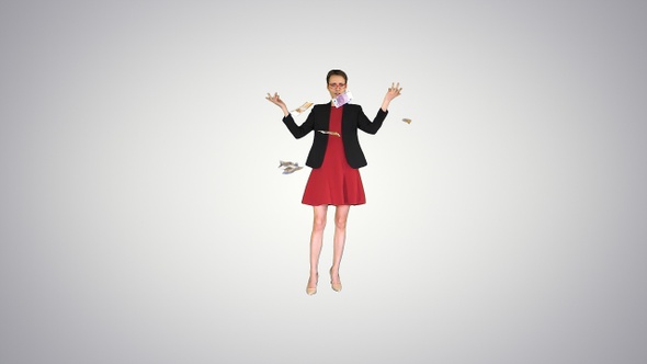 Business woman in red dress throwing money in the air on