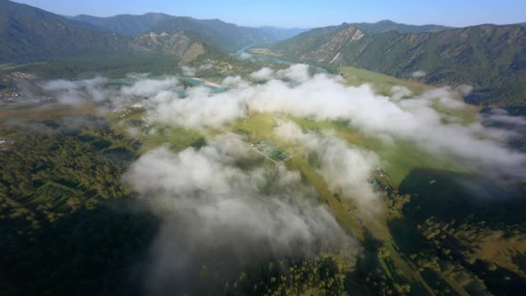 Aerial View Sunny Valley Organic Mountain Panorama with River and Mist Cloud at Sunlight Landscape