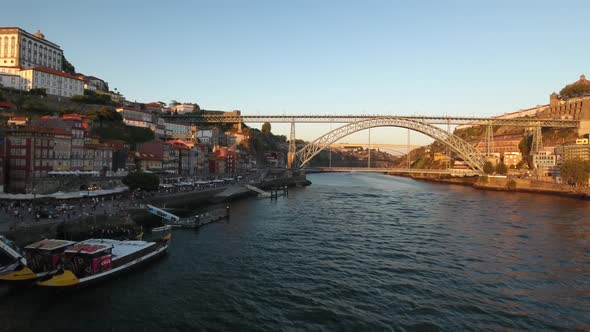 aerial footage of Dom Luis Bridge, Porto, Portugal
