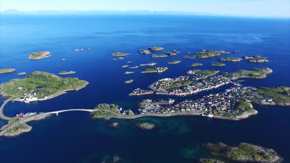 Scenic town Henningsvaer on Lofoten islands, Norway, aerial