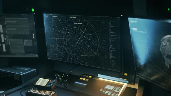 High Tech GPS Tracks Positions Of Vehicles On Digital Map Of Modern City alt