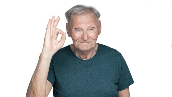 Portrait of Elderly Retired Man 80s Smiling in Happy Emotions and Showing Ok Sign at Camera Slow