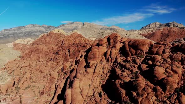 Aerial drone views of red sandstone mountains at Red Rock Canyon Park near Las Vegas, Nevada