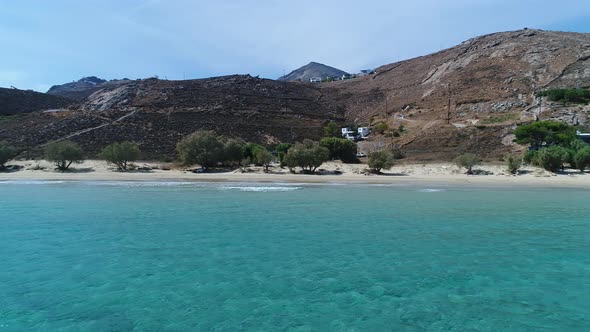 Psili Ammos beach on Serifos island in the Cyclades in Greece seen from the sky