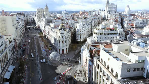 Aerial View of Madrid with Metropolis Building and Main Streets Spain