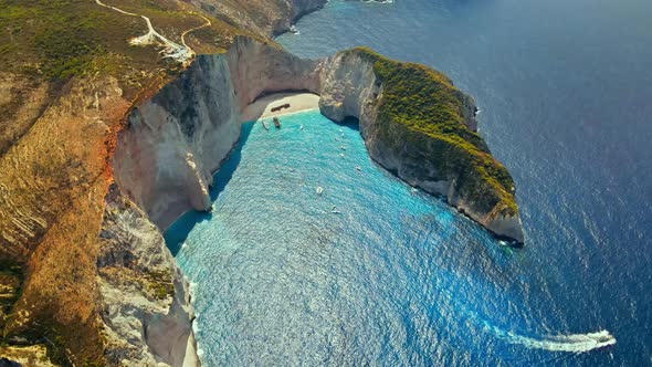 Aerial drone view of the Navagio beach on the Ionian Sea coast of Zakynthos