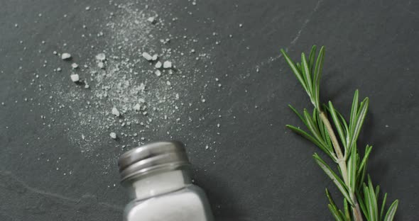Video of rosemary twig and spoon of salt on stone background